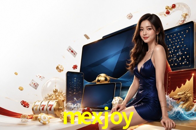 Una escena digital vívida inspirada en casino con mexjoy mostrado prominentemente, luces brillantes, fichas, cartas y acentos dorados.