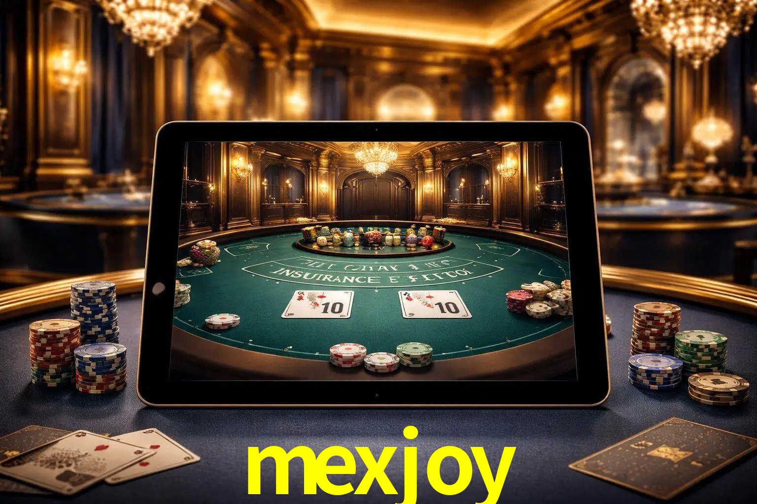Configuración moderna de casino en vivo con una tableta mostrando una mesa de blackjack, luces cálidas de estudio y una atmósfera elegante de juegos digitales.