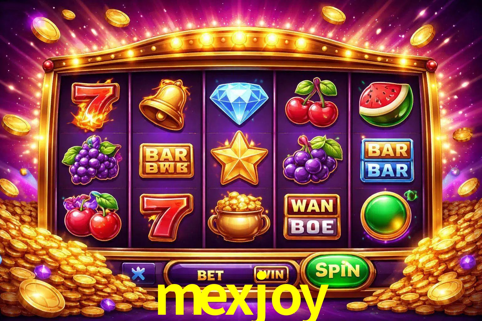 Una interfaz colorida de tragamonedas en línea con símbolos brillantes, monedas y un efecto de victoria celebratoria en mexjoy.