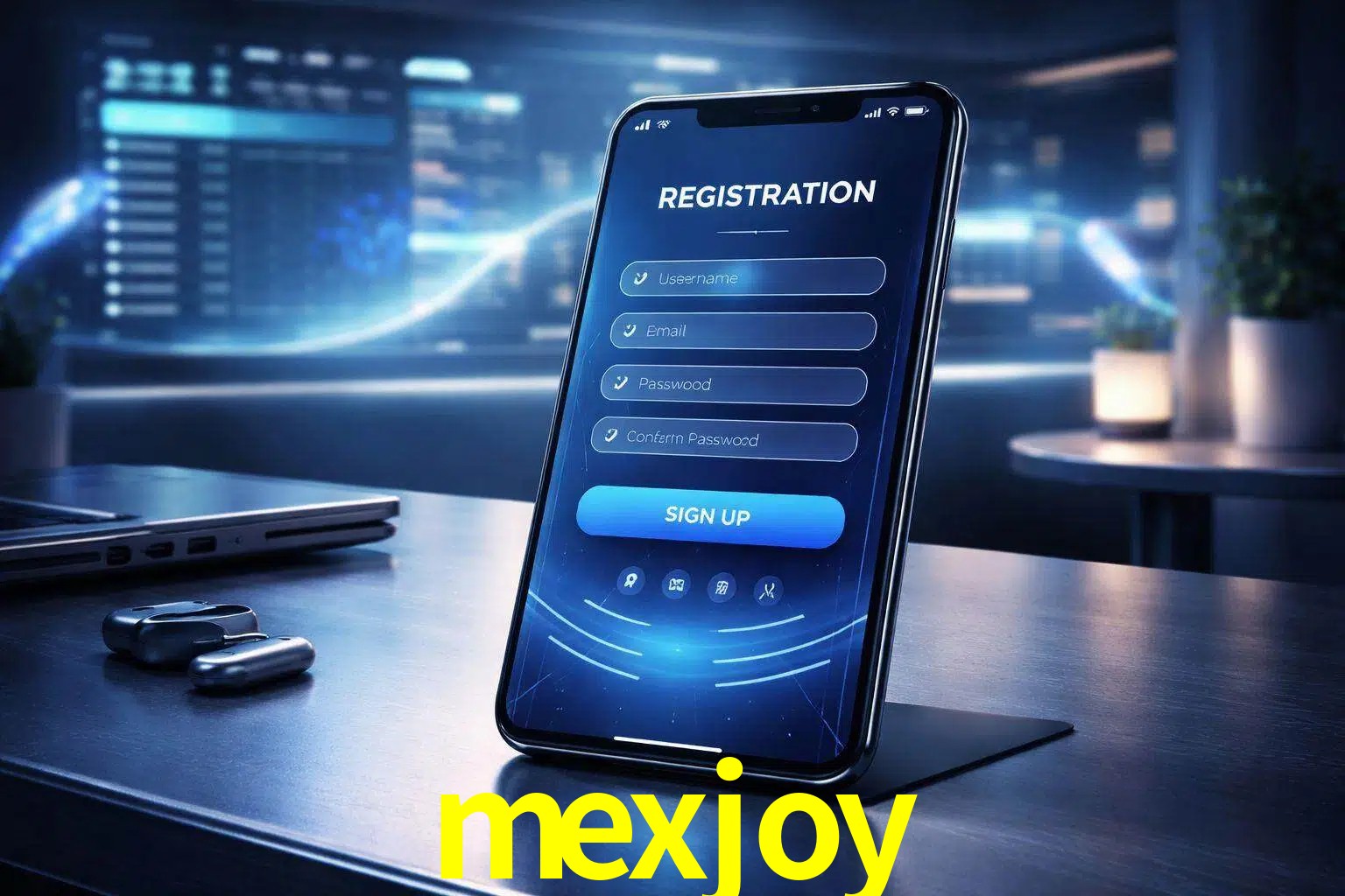 Una interfaz moderna de registro móvil para mexjoy mostrada en un smartphone con un panel de apuestas elegante.